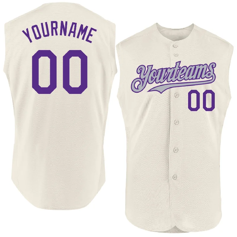 Baseball Jersey For Sponsor Logos-Custom Cream Purple-Gray Authentic Sleeveless Baseball Jersey