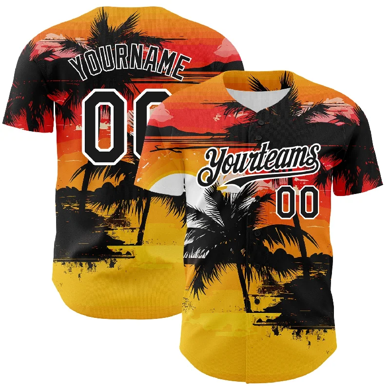 Custom Baseball Jersey For End-of-Season Gifts-Custom Yellow Black White 3D Pattern Design Beach Hawaii Palm Trees Authentic Baseball Jersey