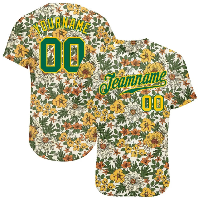 Baseball Jersey For Sponsor Logos-Custom White Kelly Green-Gold 3D Pattern Design Flowers Authentic Baseball Jersey