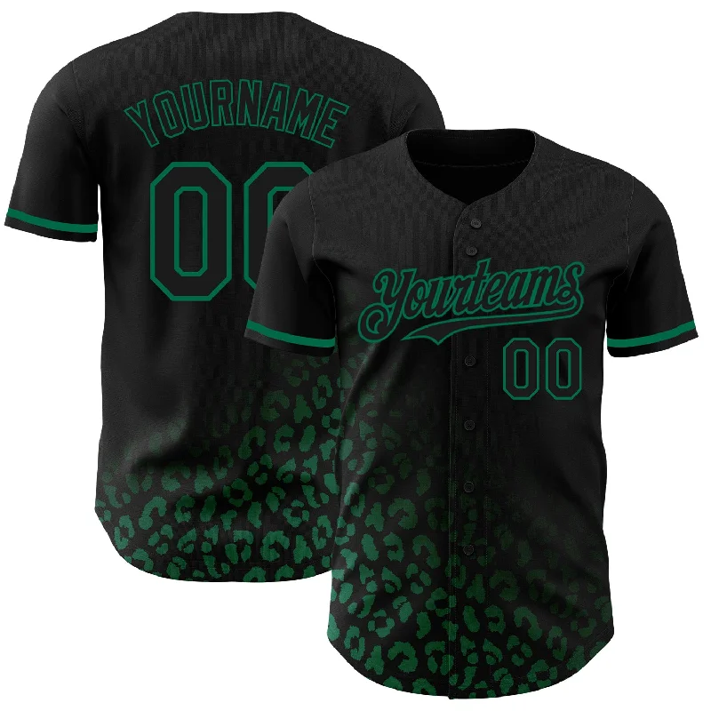 Custom Baseball Jersey For Team Competitions-Custom Black Kelly Green 3D Pattern Design Leopard Print Fade Fashion Authentic Baseball Jersey