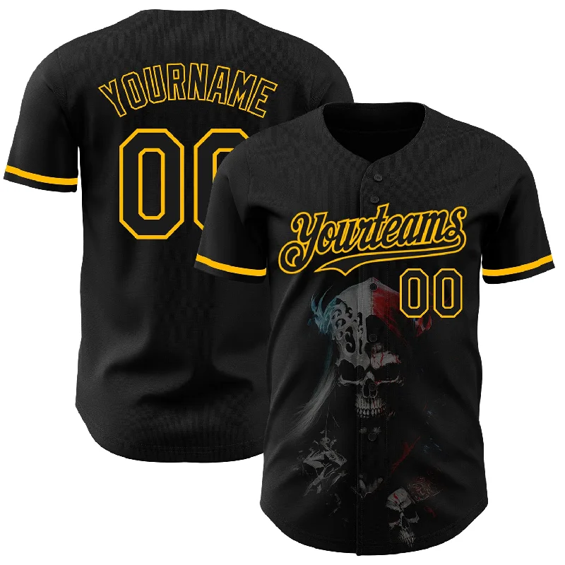 Baseball Jersey For Memorializing Team Achievements-Custom Black Gold 3D Skull Fashion Authentic Baseball Jersey