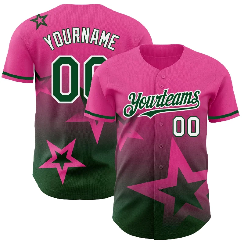 Baseball Jersey With Team Name & Slogan-Custom Pink Green-White 3D Pattern Design Gradient Style Twinkle Star Authentic Baseball Jersey