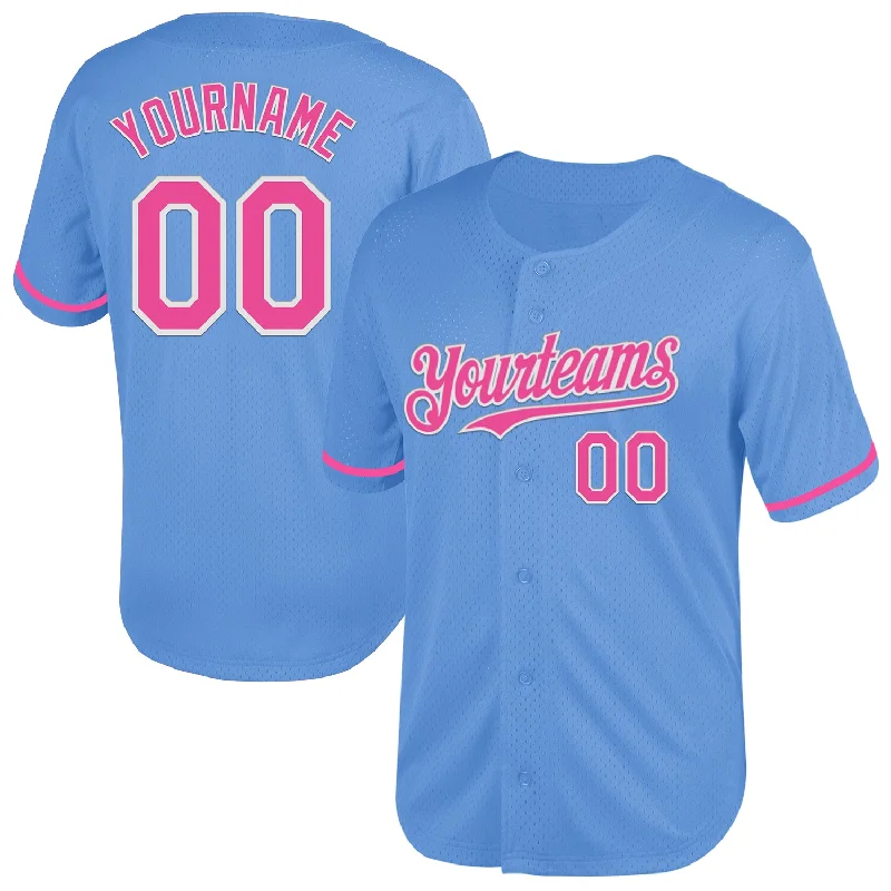 Personalized Baseball Jersey-Custom Light Blue Pink-White Mesh Authentic Throwback Baseball Jersey