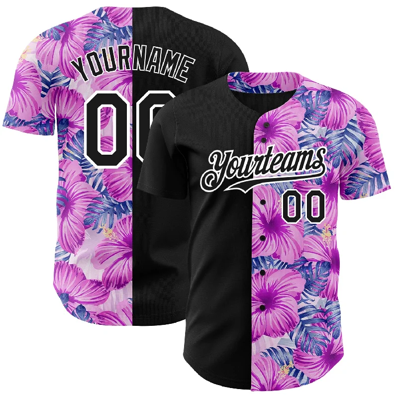 Custom Baseball Jersey For Game Day-Custom Pink Black-White 3D Pattern Design Tropical Flower And Hawaii Palm Leaves Authentic Baseball Jersey