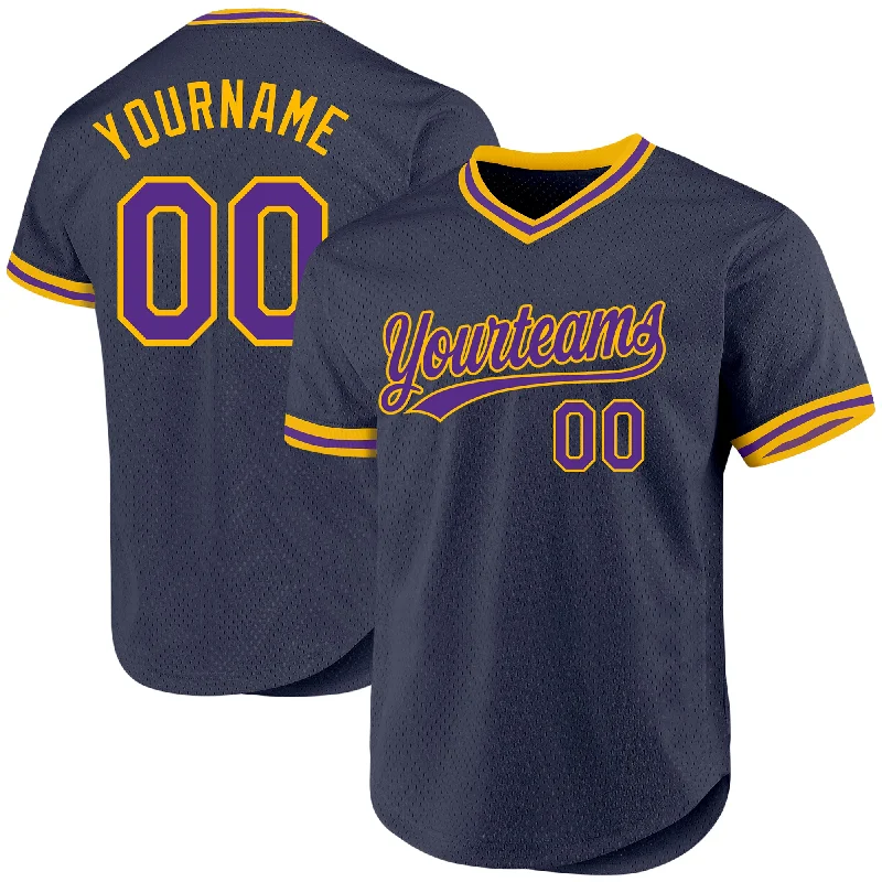 Personalized Baseball Jersey For Player Celebrations-Custom Navy Purple-Gold Authentic Throwback Baseball Jersey