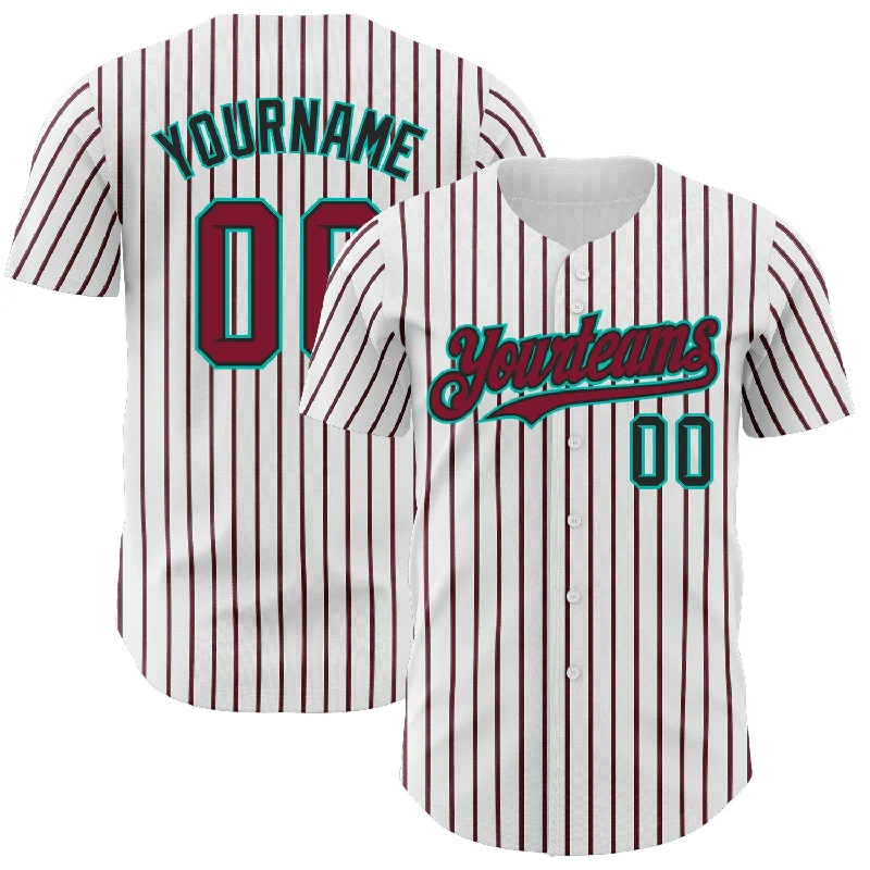 Custom Baseball Jersey For Special Edition-Custom White (Black Crimson Pinstripe) Crimson Black-Aqua Authentic Baseball Jersey