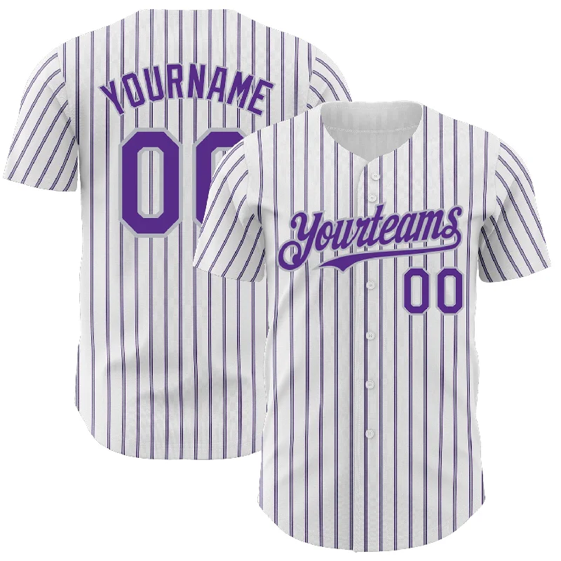 Custom Baseball Jersey For Fanatic Supporters-Custom White (Purple Gray Pinstripe) Purple-Gray Authentic Baseball Jersey