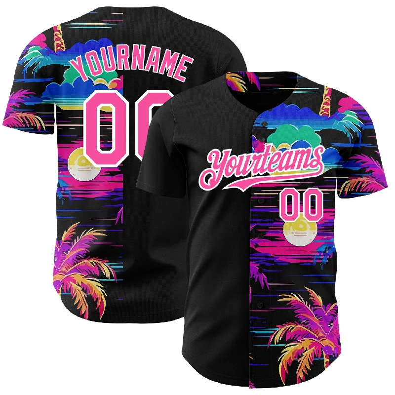 Baseball Jersey For Special Teams Events-Custom Black Pink-White 3D Pattern Design Beach Hawaii Palm Trees Authentic Baseball Jersey