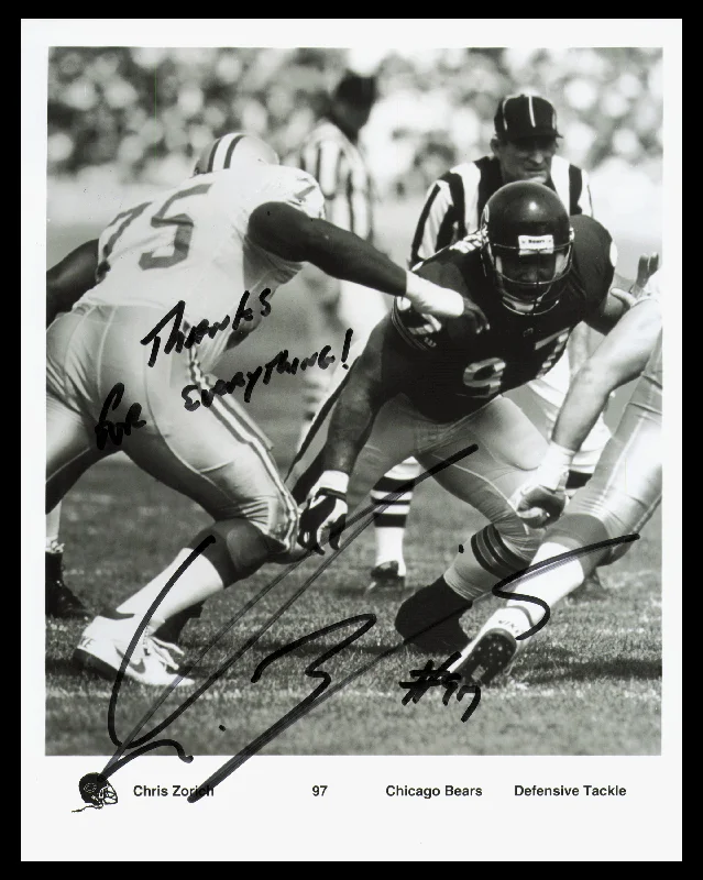 Rugby Helmet For Rugby Star Recognition-Chris Zorich Autographed 8x10 Photo Chicago Bears "Thanks For Everything!"