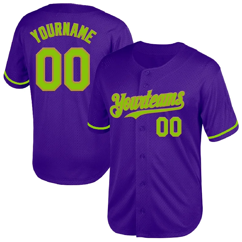 Baseball Jersey With Team Mascot & Design-Custom Purple Neon Green-Old Gold Mesh Authentic Throwback Baseball Jersey