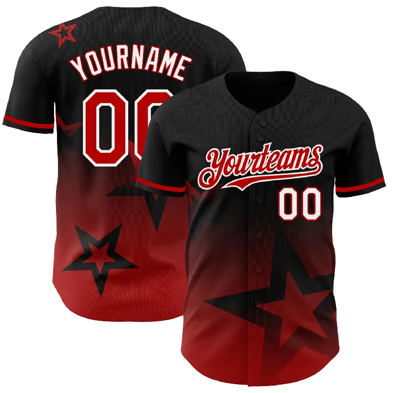 Custom Baseball Jersey For Custom Fan Orders-Custom Black Red-White 3D Pattern Design Gradient Style Twinkle Star Authentic Baseball Jersey