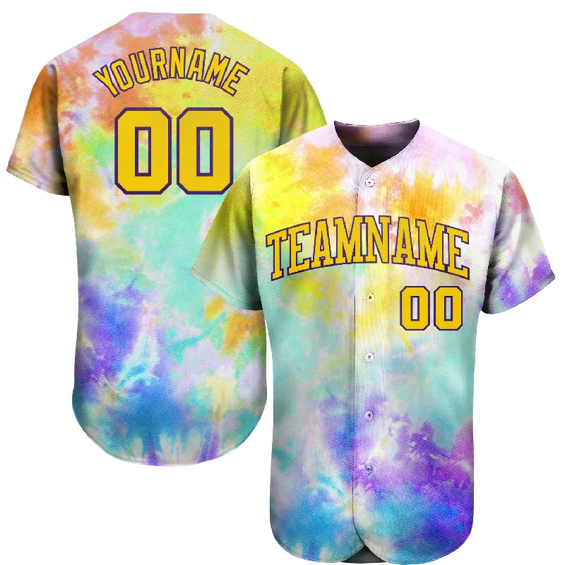 Personalized Baseball Jersey For Fundraising Events-Custom Tie Dye Gold-Purple 3D Authentic Baseball Jersey