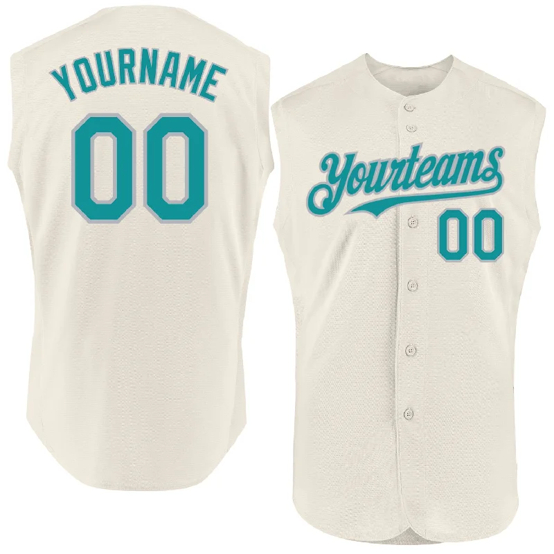 Personalized Baseball Jersey For Recognition-Custom Cream Teal-Gray Authentic Sleeveless Baseball Jersey