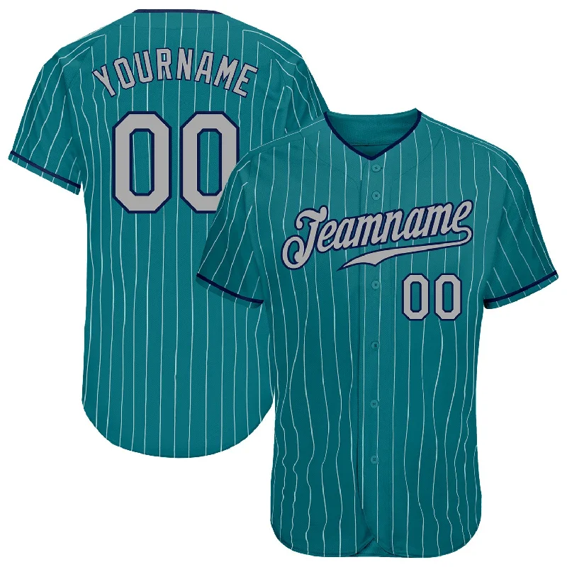 Custom Baseball Jersey For Player Achievement Awards-Custom Teal White Pinstripe Gray-Navy Authentic Baseball Jersey