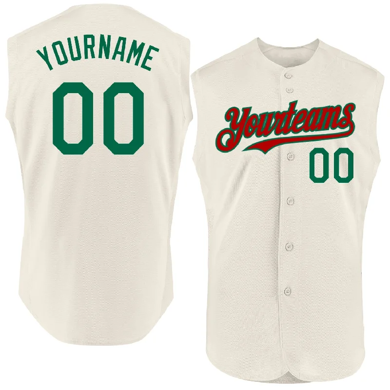 Custom Baseball Jersey For Player Sponsorship-Custom Cream Kelly Green-Red Authentic Sleeveless Baseball Jersey