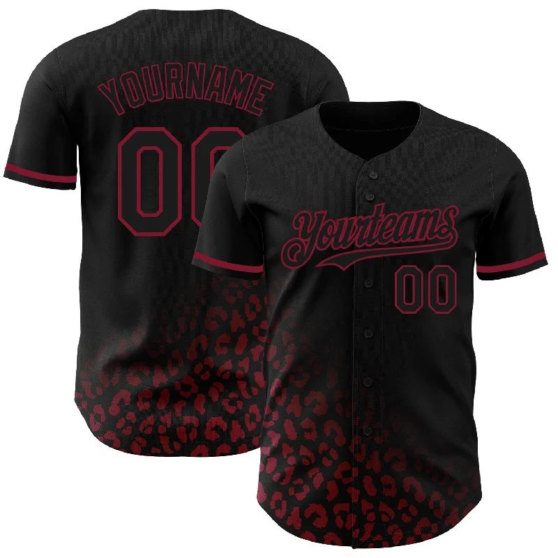 Custom Baseball Jersey For Team Loyalty-Custom Black Crimson 3D Pattern Design Leopard Print Fade Fashion Authentic Baseball Jersey