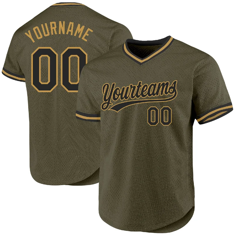 Personalized Baseball Jersey For Fan Appreciation-Custom Olive Black-Old Gold Authentic Throwback Salute To Service Baseball Jersey