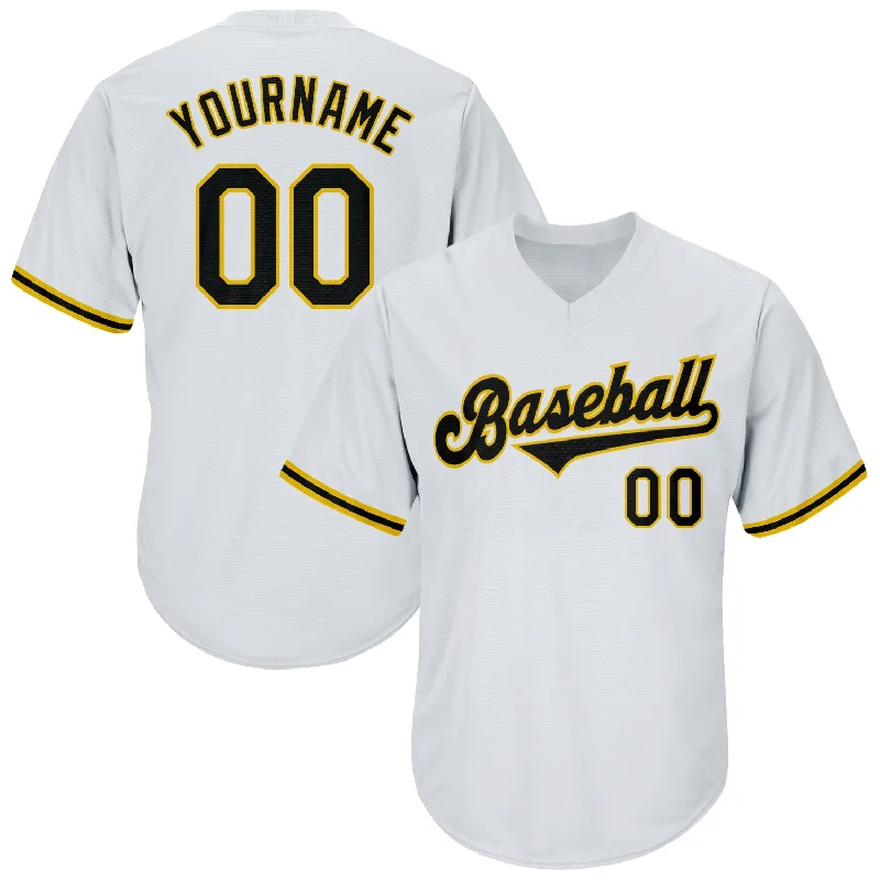 Baseball Jersey With Custom Team Photos-Custom White Black-Gold Authentic Throwback Rib-Knit Baseball Jersey Shirt