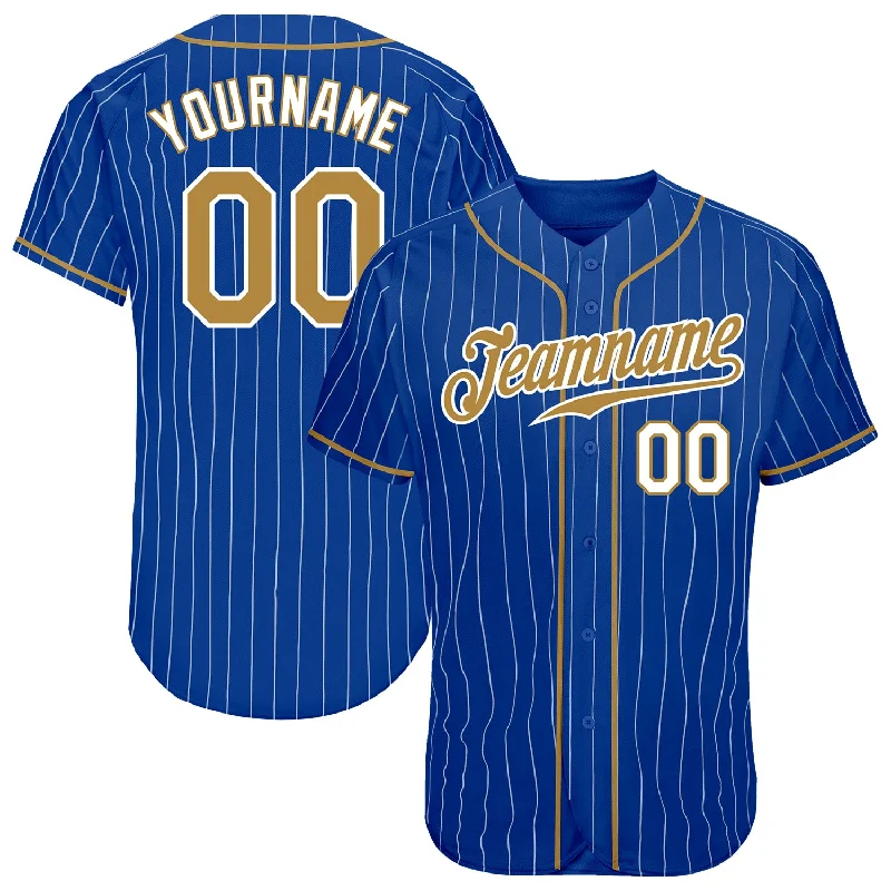 Personalized Baseball Jersey For Summer Teams-Custom Royal White Pinstripe Old Gold-White Authentic Baseball Jersey