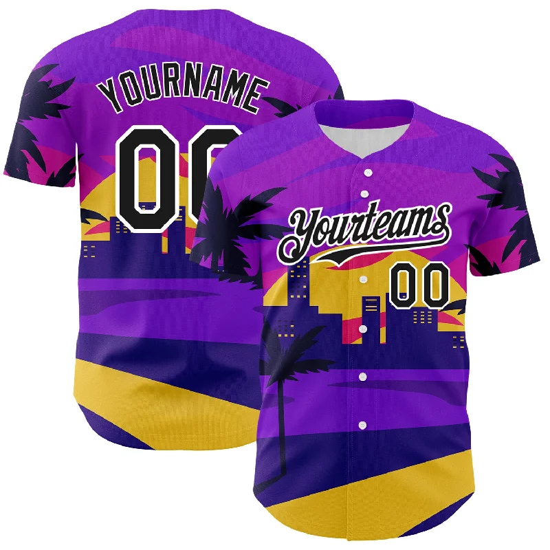 Custom Baseball Jersey For Professional Sportswear-Custom Purple Black-White 3D Pattern Design Hawaii Palm Trees Authentic Baseball Jersey