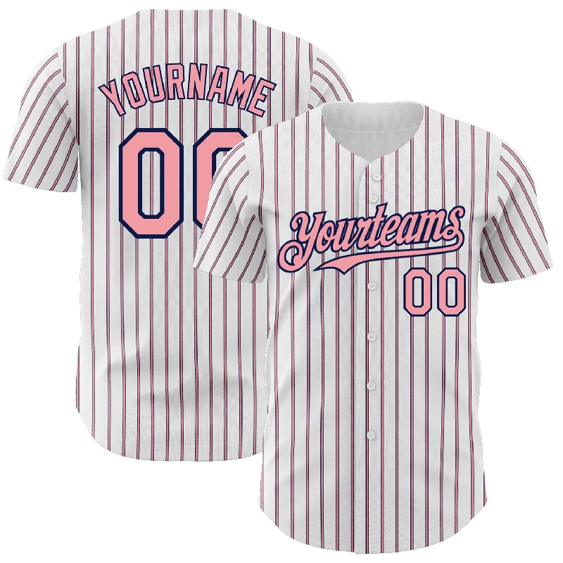 Baseball Jersey For Special Event Customization-Custom White (Navy Medium Pink Pinstripe) Medium Pink-Navy Authentic Baseball Jersey