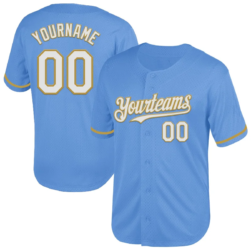 Personalized Baseball Jersey For Group Celebrations-Custom Light Blue White-Old Gold Mesh Authentic Throwback Baseball Jersey