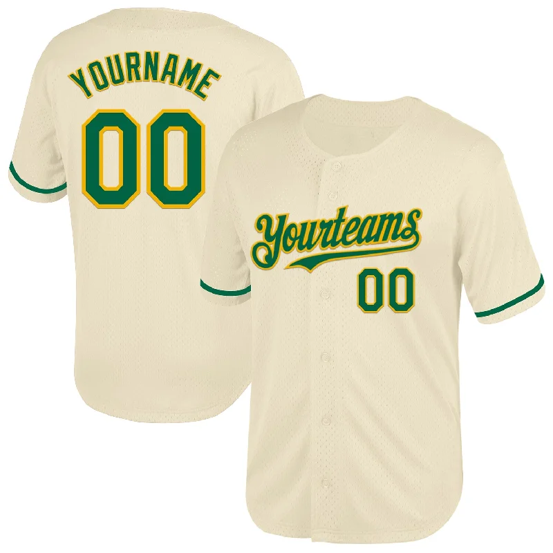 Custom Baseball Jersey For Special Occasions-Custom Cream Kelly Green-Gold Mesh Authentic Throwback Baseball Jersey