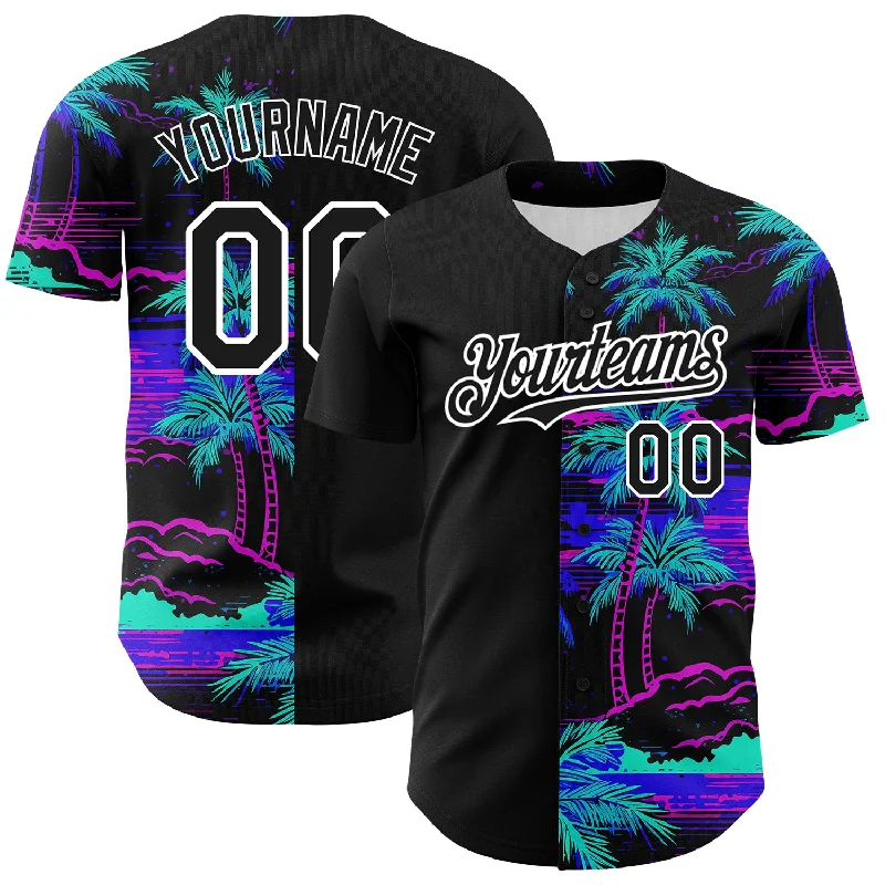 Custom Baseball Jersey For Charity Fundraisers-Custom Black White 3D Pattern Design Beach Hawaii Palm Trees Authentic Baseball Jersey