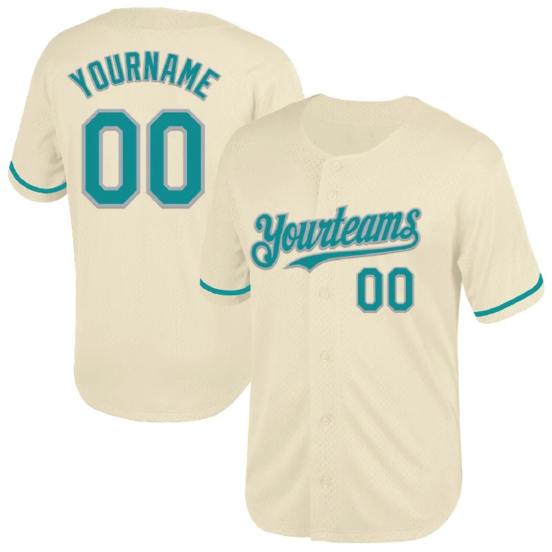 Custom Baseball Jersey With Player Number-Custom Cream Teal-Gray Mesh Authentic Throwback Baseball Jersey