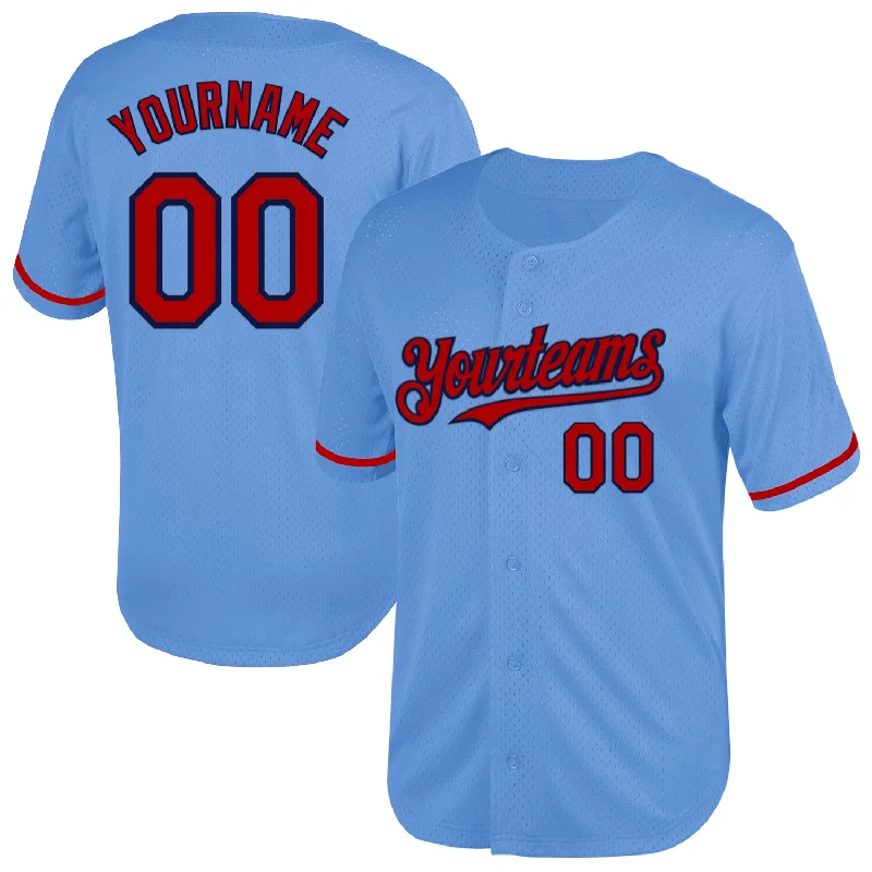 Baseball Jersey With Your Team Colors-Custom Light Blue Red-Navy Mesh Authentic Throwback Baseball Jersey