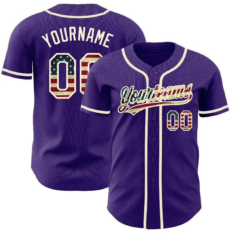 Custom Baseball Jersey For Competitive Team Play-Custom Purple Vintage USA Flag-Cream Authentic Baseball Jersey