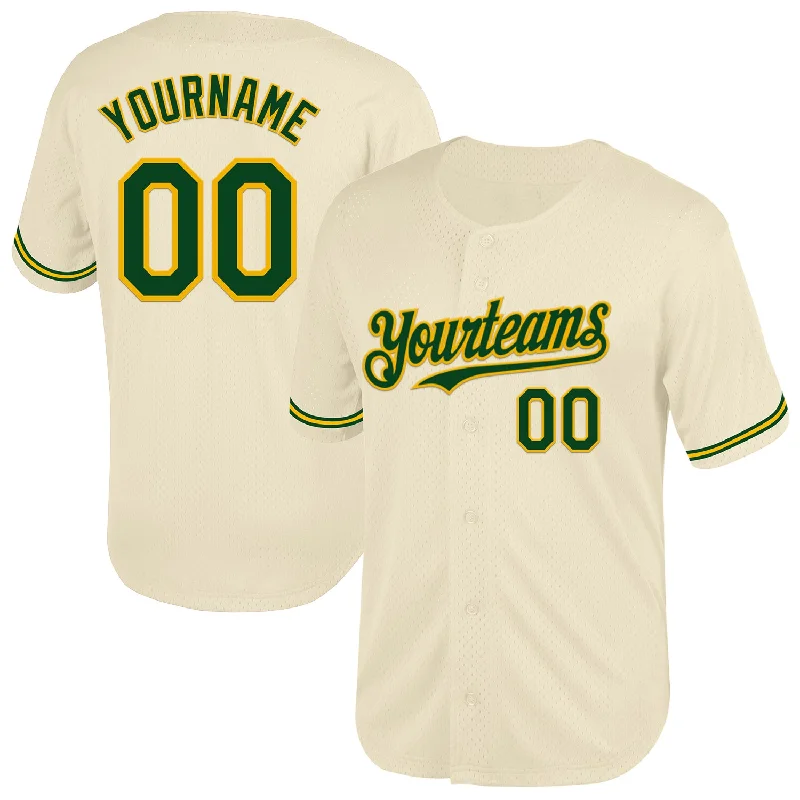 Personalized Baseball Jersey For Player Milestone Gifts-Custom Cream Green-Gold Mesh Authentic Throwback Baseball Jersey