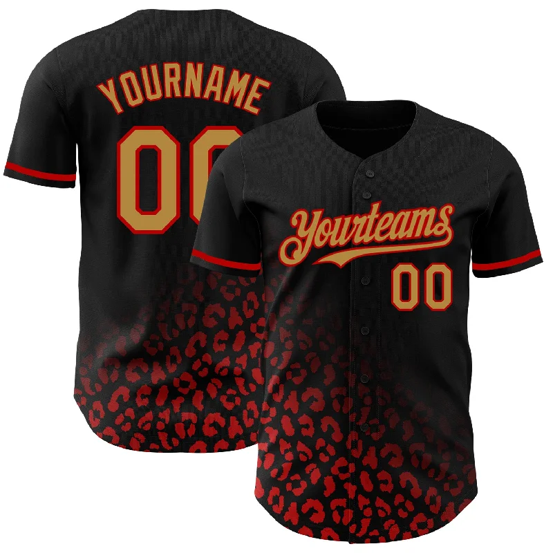 Personalized Baseball Jersey For Sporting Goods-Custom Black Old Gold-Red 3D Pattern Design Leopard Print Fade Fashion Authentic Baseball Jersey