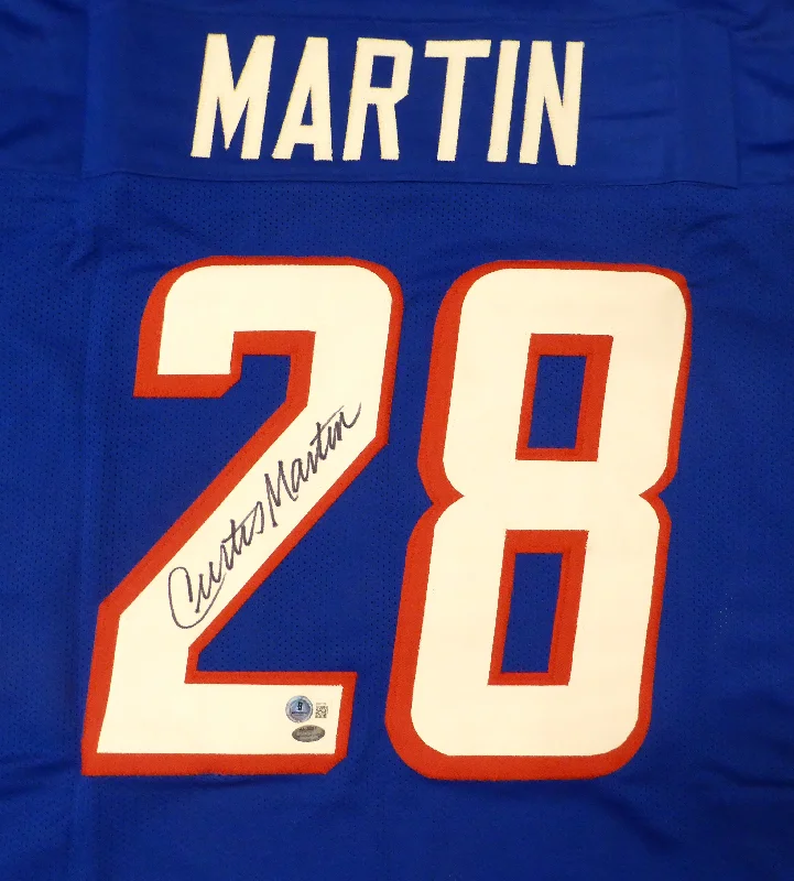 Rugby Helmet For Group Orders & Customization-New England Patriots Curtis Martin Autographed Blue Jersey Beckett BAS QR #BM37178