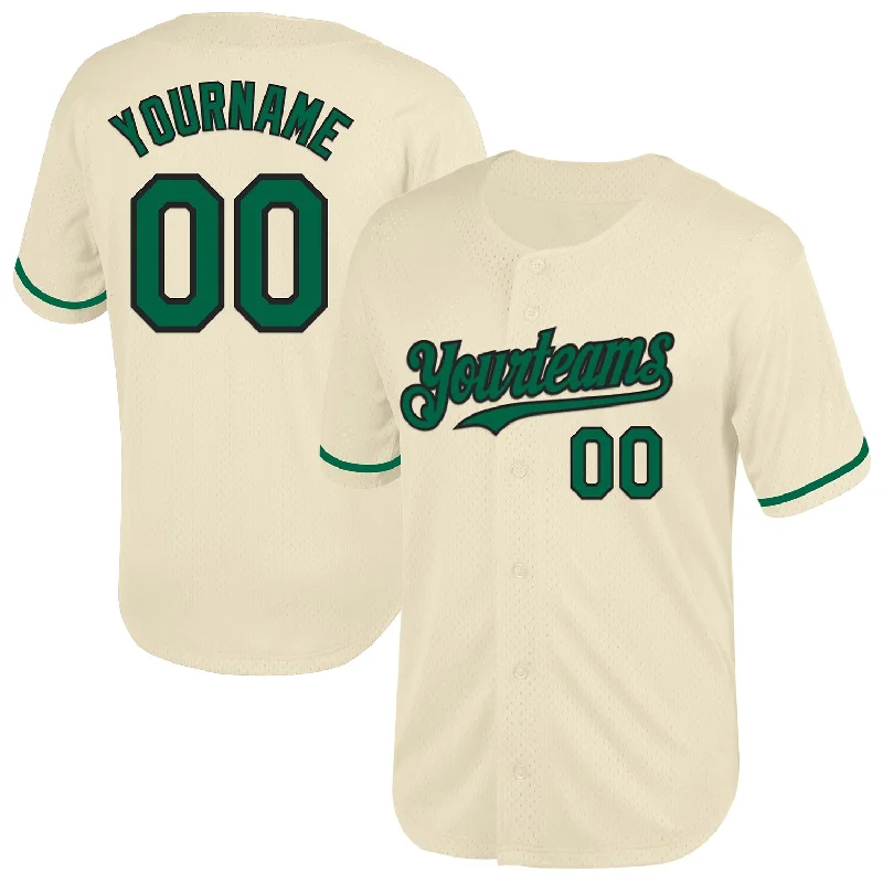 Personalized Baseball Jersey For Sponsors-Custom Cream Kelly Green-Black Mesh Authentic Throwback Baseball Jersey