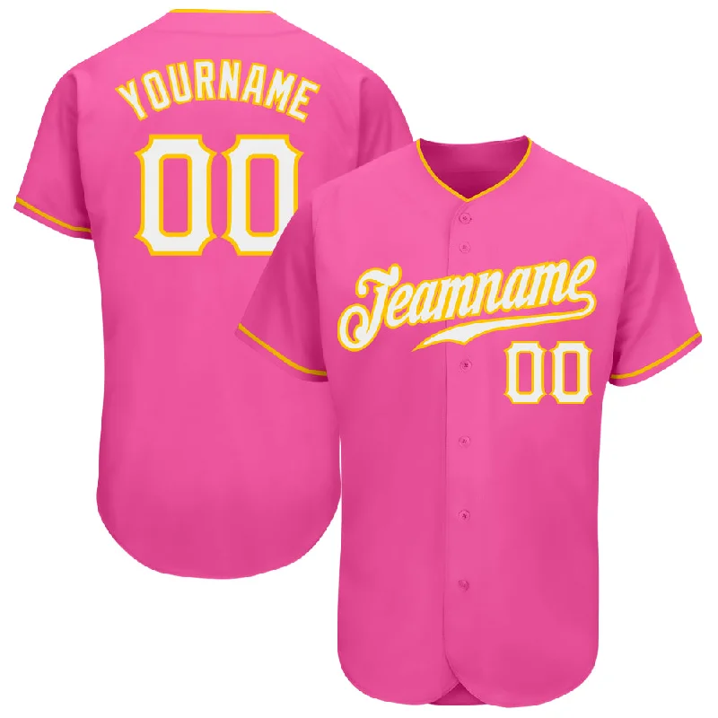 Custom Baseball Jersey For High School Teams-Custom Pink White-Gold Authentic Baseball Jersey