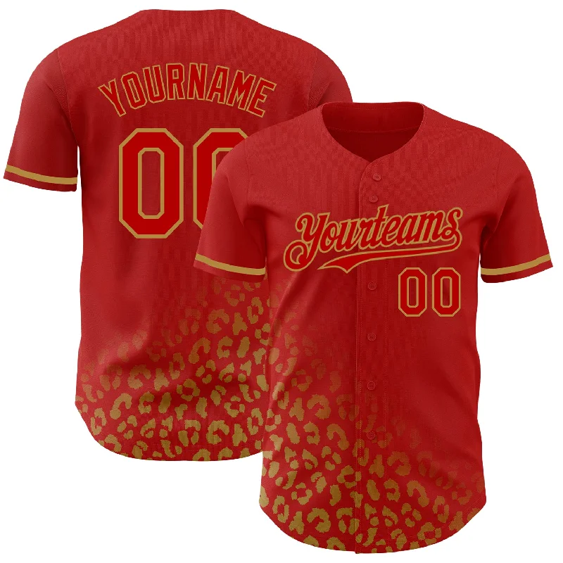 Personalized Baseball Jersey For Charity Auctions-Custom Red Old Gold 3D Pattern Design Leopard Print Fade Fashion Authentic Baseball Jersey