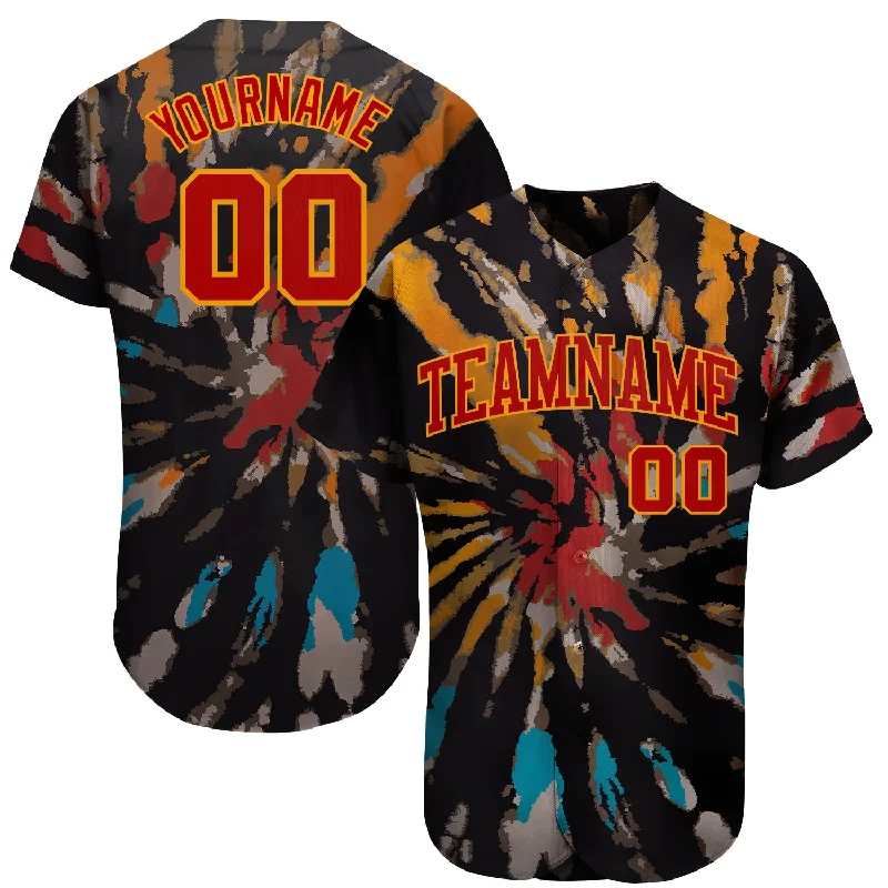 Baseball Jersey With Logo & Player Personalization-Custom Tie Dye Red-Gold 3D Authentic Baseball Jersey