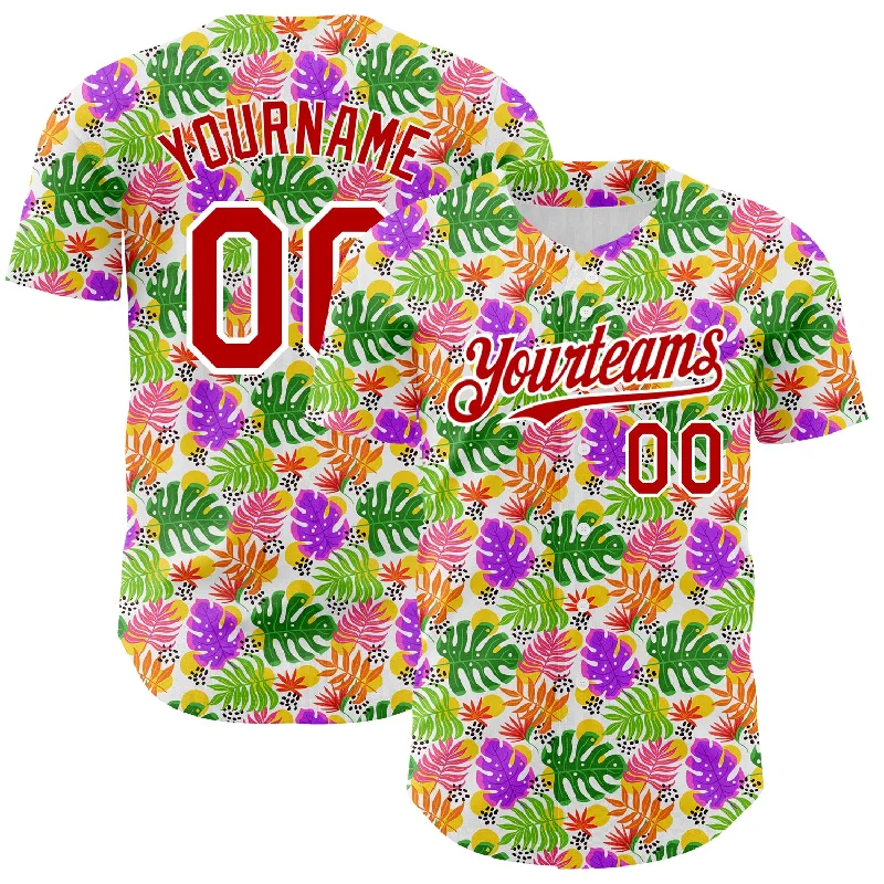 Personalized Baseball Jersey For Custom Team Wear-Custom White Red 3D Pattern Design Tropical Hawaii Palm Leaves Authentic Baseball Jersey