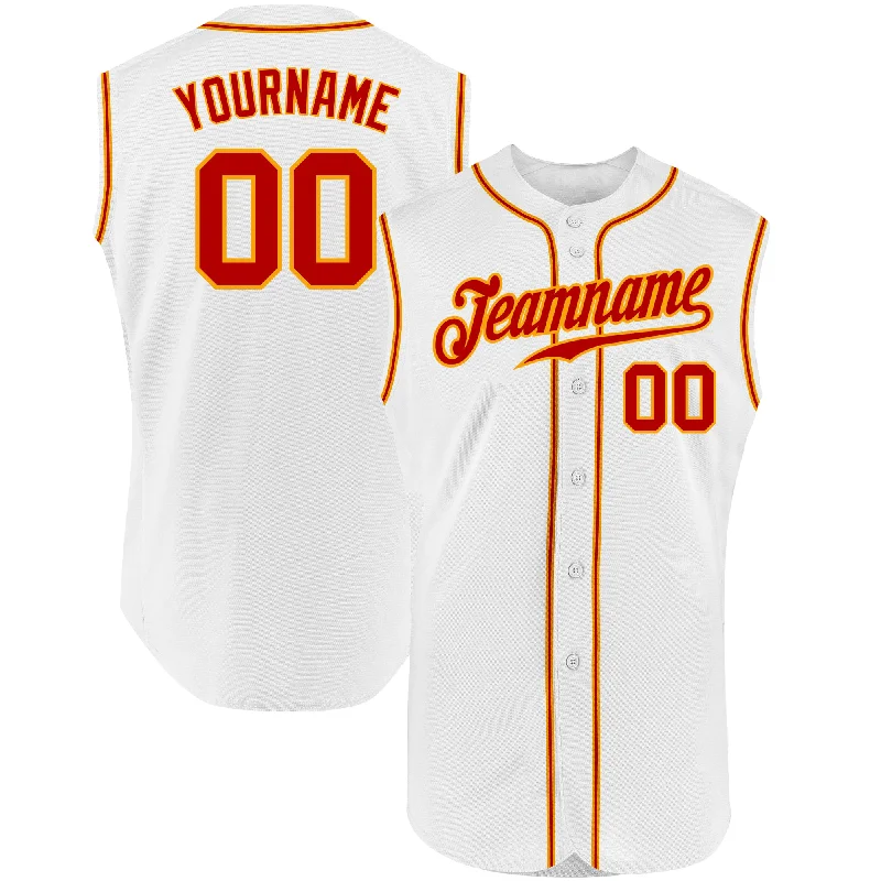 Custom Baseball Jersey For Team Building-Custom White Red-Gold Authentic Sleeveless Baseball Jersey