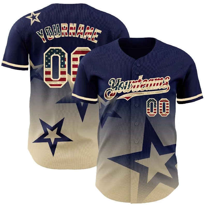 Baseball Jersey With Team Mascot & Design-Custom Navy Vintage USA Flag-Cream 3D Pattern Design Gradient Style Twinkle Star Authentic Baseball Jersey