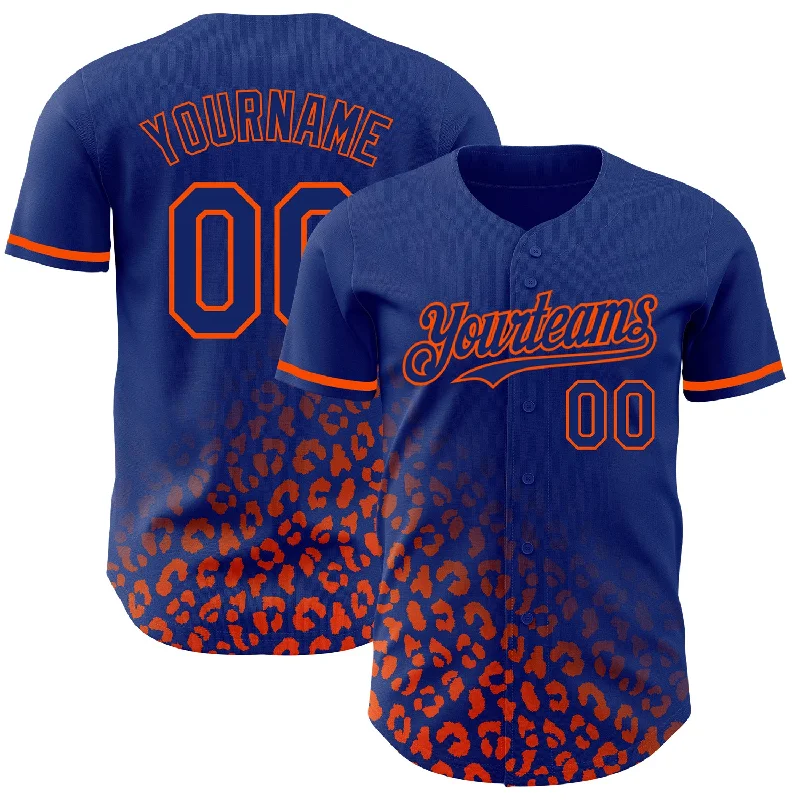 Baseball Jersey For High School Tournaments-Custom Royal Orange 3D Pattern Design Leopard Print Fade Fashion Authentic Baseball Jersey