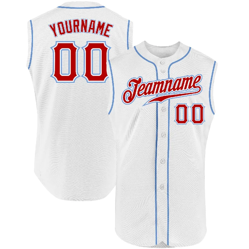 Baseball Jersey For Family Teams-Custom White Red-Light Blue Authentic Sleeveless Baseball Jersey