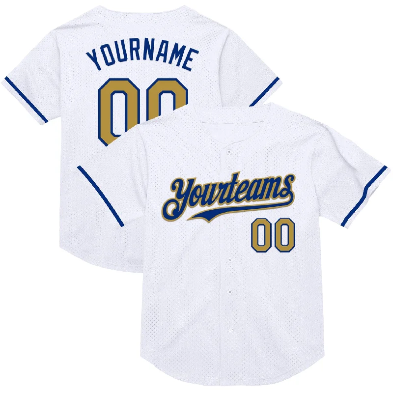 Custom Baseball Jersey For Personalized Customization-Custom White Old Gold-Royal Mesh Authentic Throwback Baseball Jersey