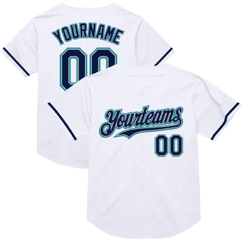 Baseball Jersey For National League Teams-Custom White Navy Gray-Teal Mesh Authentic Throwback Baseball Jersey