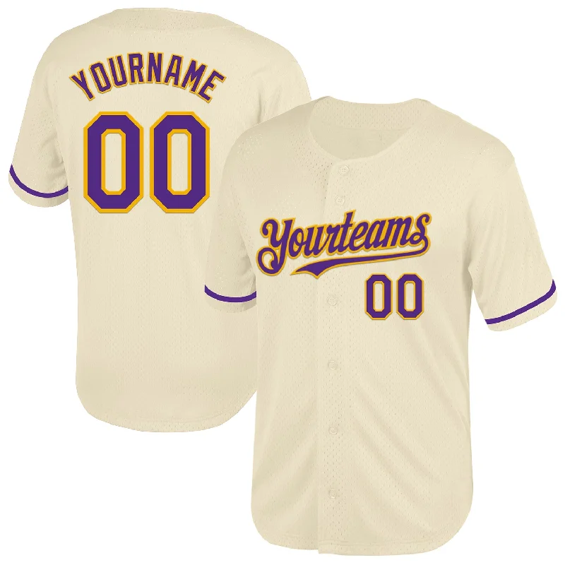 Custom Baseball Jersey For College Spirit-Custom Cream Purple-Gold Mesh Authentic Throwback Baseball Jersey