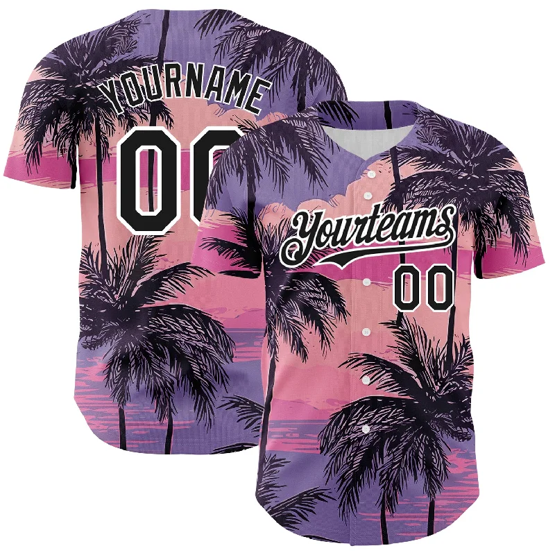 Personalized Baseball Jersey For Fan Gifts-Custom Purple Black-White 3D Pattern Design Beach Hawaii Palm Trees Authentic Baseball Jersey