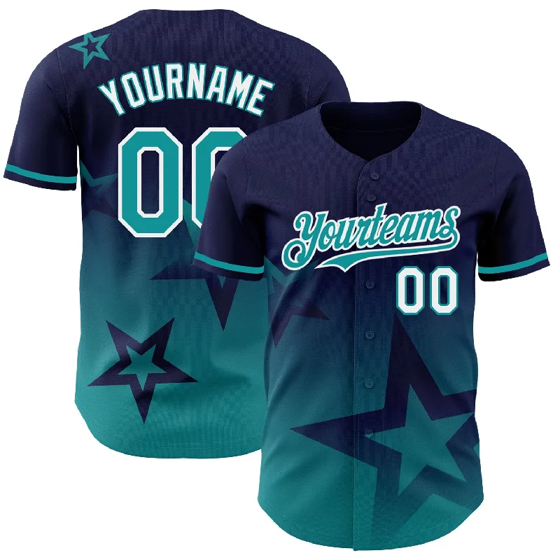 Baseball Jersey For Player Milestone Celebrations-Custom Navy Teal-White 3D Pattern Design Gradient Style Twinkle Star Authentic Baseball Jersey