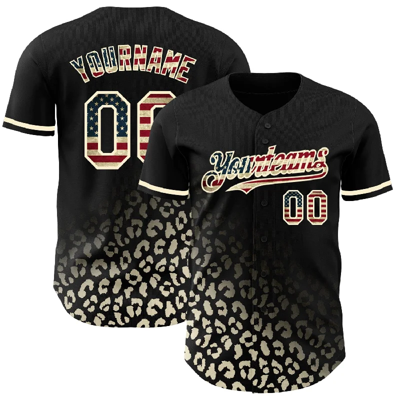 Baseball Jersey For Local Player Support-Custom Black Vintage USA Flag-Cream 3D Pattern Design Leopard Print Fade Fashion Authentic Baseball Jersey