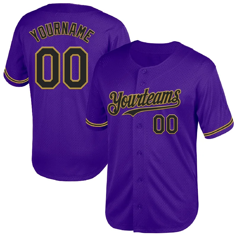 Personalized Baseball Jersey For Youth Sports-Custom Purple Black-Old Gold Mesh Authentic Throwback Baseball Jersey